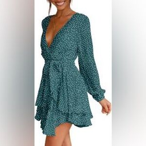 LIKE NEW SIZE XS Sage Deep Green Long Sleeve Dress with White Dots